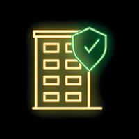 Neon green shield protecting building with check mark on black background vector