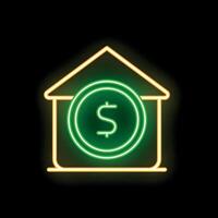 Neon green dollar coin inside glowing house outline on black background vector