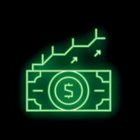 Neon green dollar bill increasing in value with upward trend line graph vector