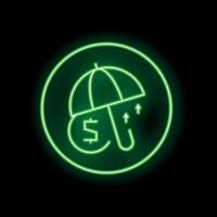 Neon green umbrella protecting money increasing value with up arrows in circle on black background vector