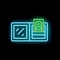 Neon wallet with banknotes sticking out on black background vector