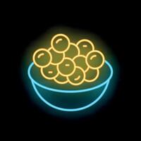 Neon sign representing a bowl full of food with a black background vector