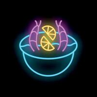 Neon sign showing bowl with shrimps and lemon slices vector