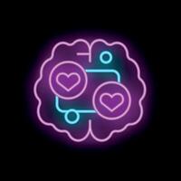 Neon brain processing love and emotions with heart symbols vector