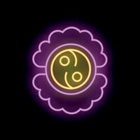 Neon sign representing yin yang symbol surrounded by clouds on black background vector