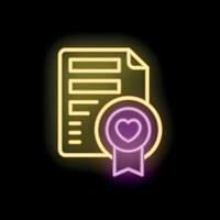 Neon icon of document with heart shaped quality seal vector