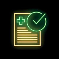 Neon medical report with green check mark icon on black background vector