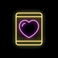Neon smartphone showing purple heart on screen on black background vector