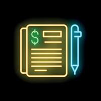 Neon sign of contract signing with dollar currency and pen on black background vector