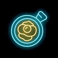 Neon sign of fried egg in pan on black background vector
