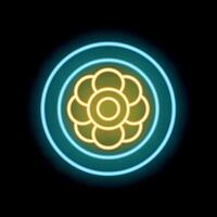 Neon flower shining inside glowing circles on black background vector