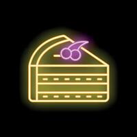 Neon sign of cake slice glowing on black background vector