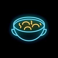 Neon sign showing steaming hot bowl of soup on black background vector