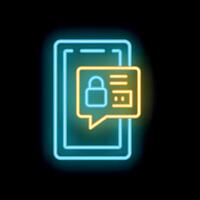 Neon icon of smartphone showing secure chat bubble with lock symbol vector