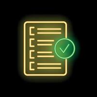 Neon green check mark approving checked document icon graphic on black background vector