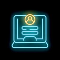 Neon icon of laptop showing user profile with personal information vector