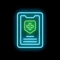 Neon icon of smartphone showing medical app with cross and shield symbol vector