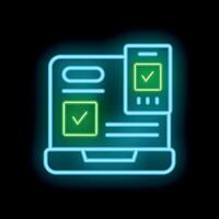 Neon icon of laptop showing validated check mark on screen vector