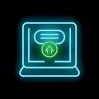 Neon icon representing uploading data to cloud storage on laptop vector
