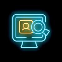 Neon icon of magnifying glass searching user profile on computer screen vector
