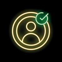 Neon green check mark validating user profile icon on black background vector