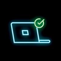 Neon laptop showing green check mark symbol on black background vector