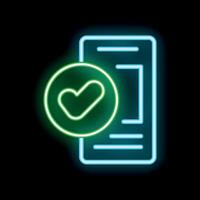 Neon green check mark validating document icon glowing on black background vector