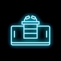 Neon sign of a podium on a smartphone representing online public speaking and conferences vector