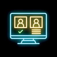 Neon icon of computer showing online voting system with two candidates vector