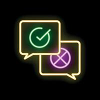 Neon speech bubbles showing checkmark and cross sign on dark background vector