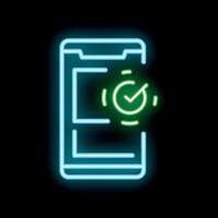 Neon icon of smartphone showing validated document on its screen vector