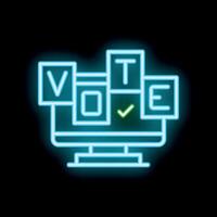 Neon sign representing online voting on a computer with vote tiles and checkmark vector