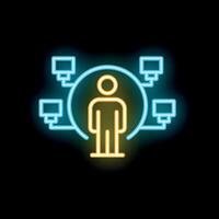 Neon icon of person standing surrounded by computer monitors vector