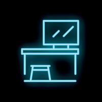 Neon computer desk with chair shining on black background vector
