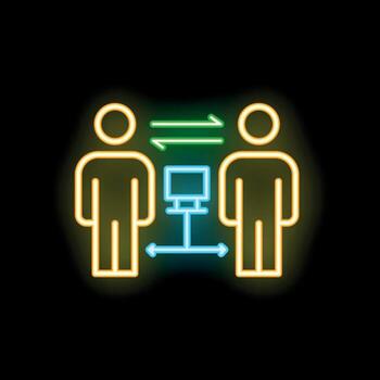 Neon icon of two people exchanging data through computer network vector