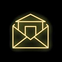 Neon yellow email icon showing a house emerging from an open envelope on a black background vector