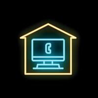 Neon icon of computer showing phone inside house shape vector
