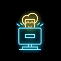 Neon sign of happy digital mind inside computer screen vector