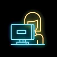 Woman working on desktop computer neon light style icon vector