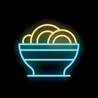 Neon icon of a bowl of noodles glowing on black background vector