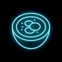 Neon icon of a bowl of soup with meatballs glowing on black background vector