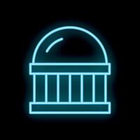 Blue neon sign showing building with columns and dome on black background vector