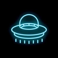 Blue neon sign representing alien spaceship hovering and beaming down on black background vector
