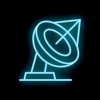 Neon satellite dish transmitting signals on black background vector