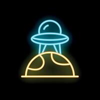 Neon sign depicting ufo hovering over planet surface vector