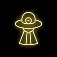 Yellow neon sign alien spaceship hovering in dark background vector