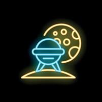 Neon sign showing alien spaceship landing on planet with craters vector