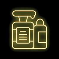 Neon sign of shampoo and conditioner bottles glowing on black background vector