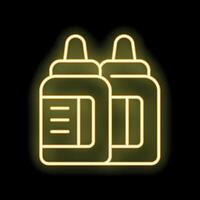 Neon sign of two bottles with pointed caps glowing yellow on black background vector