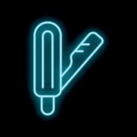 Blue neon icon of a partially unwrapped popsicle on black background vector